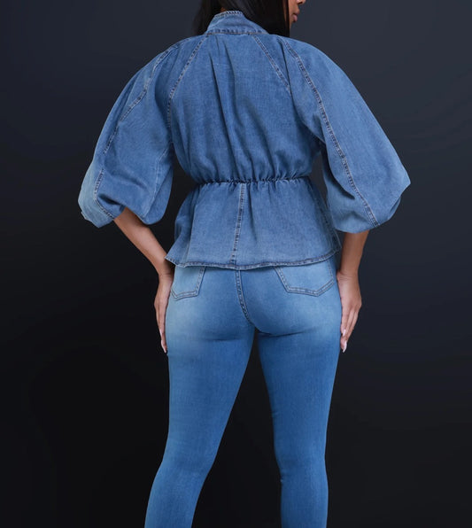 Denim Bell Sleeve Button Neck Top