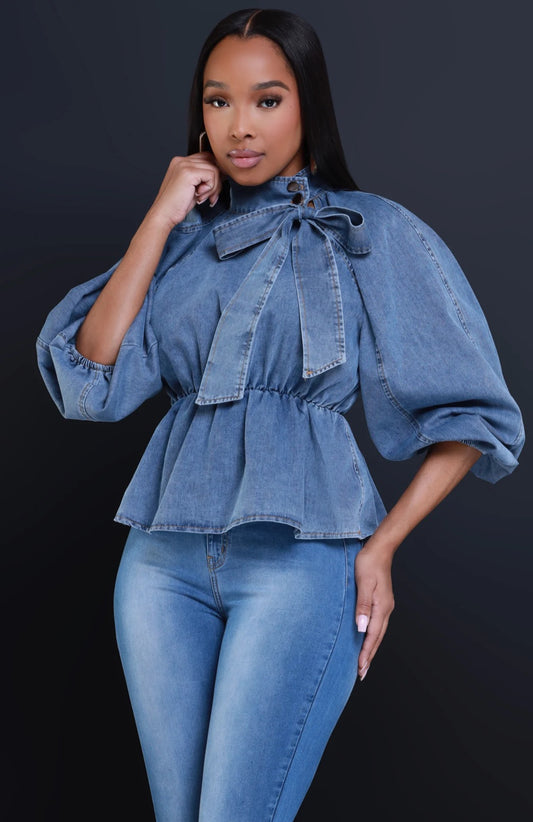 Denim Bell Sleeve Button Neck Top