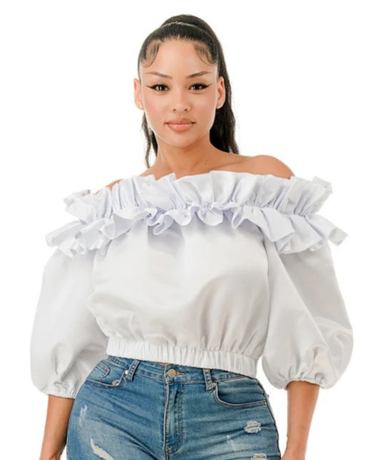 White Ruffle Stretch Neck Top