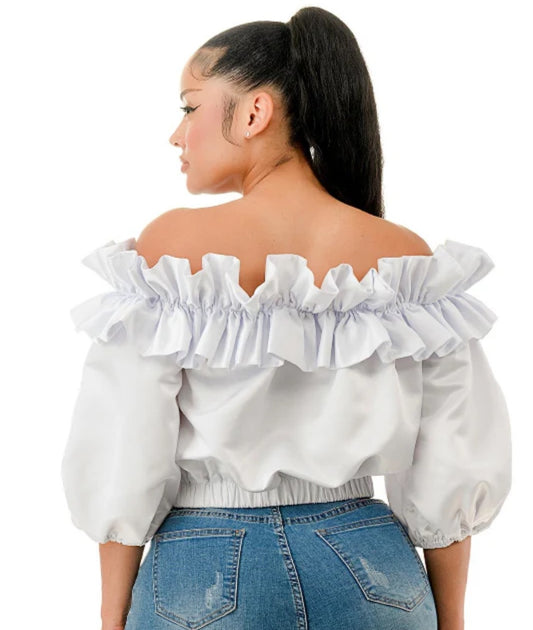White Ruffle Stretch Neck Top
