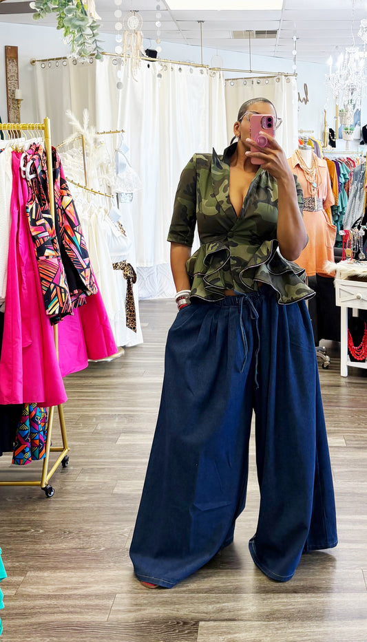 Oversize Drawstring Waist Palazzo Denim Wide Legs Bottoms