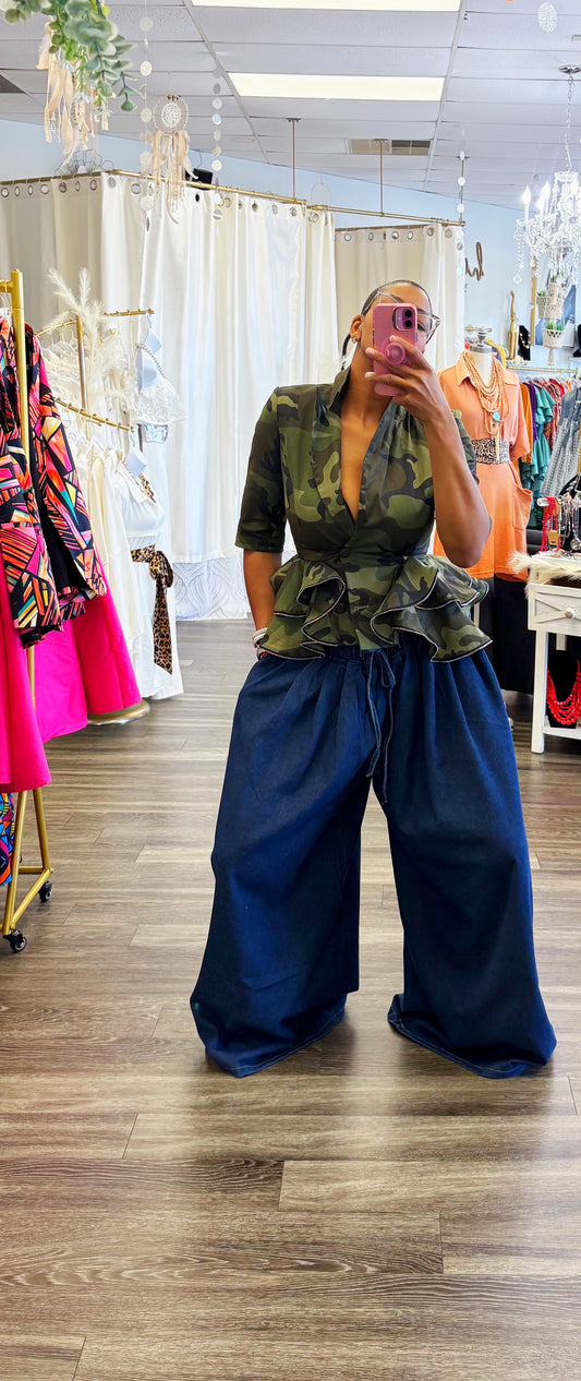 Oversize Drawstring Waist Palazzo Denim Wide Legs Bottoms