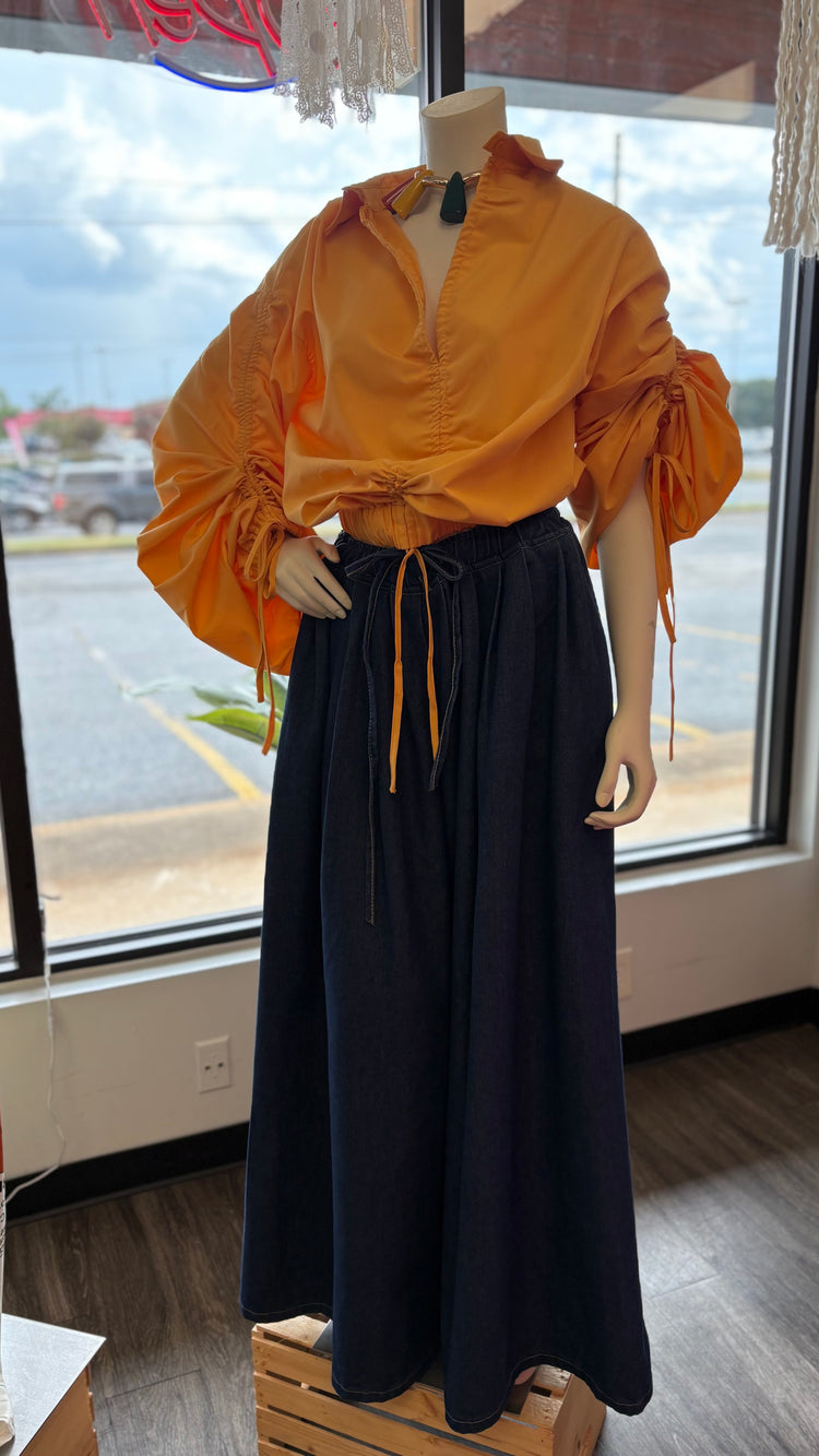 Oversize Drawstring Waist Palazzo Denim Wide Legs Bottoms