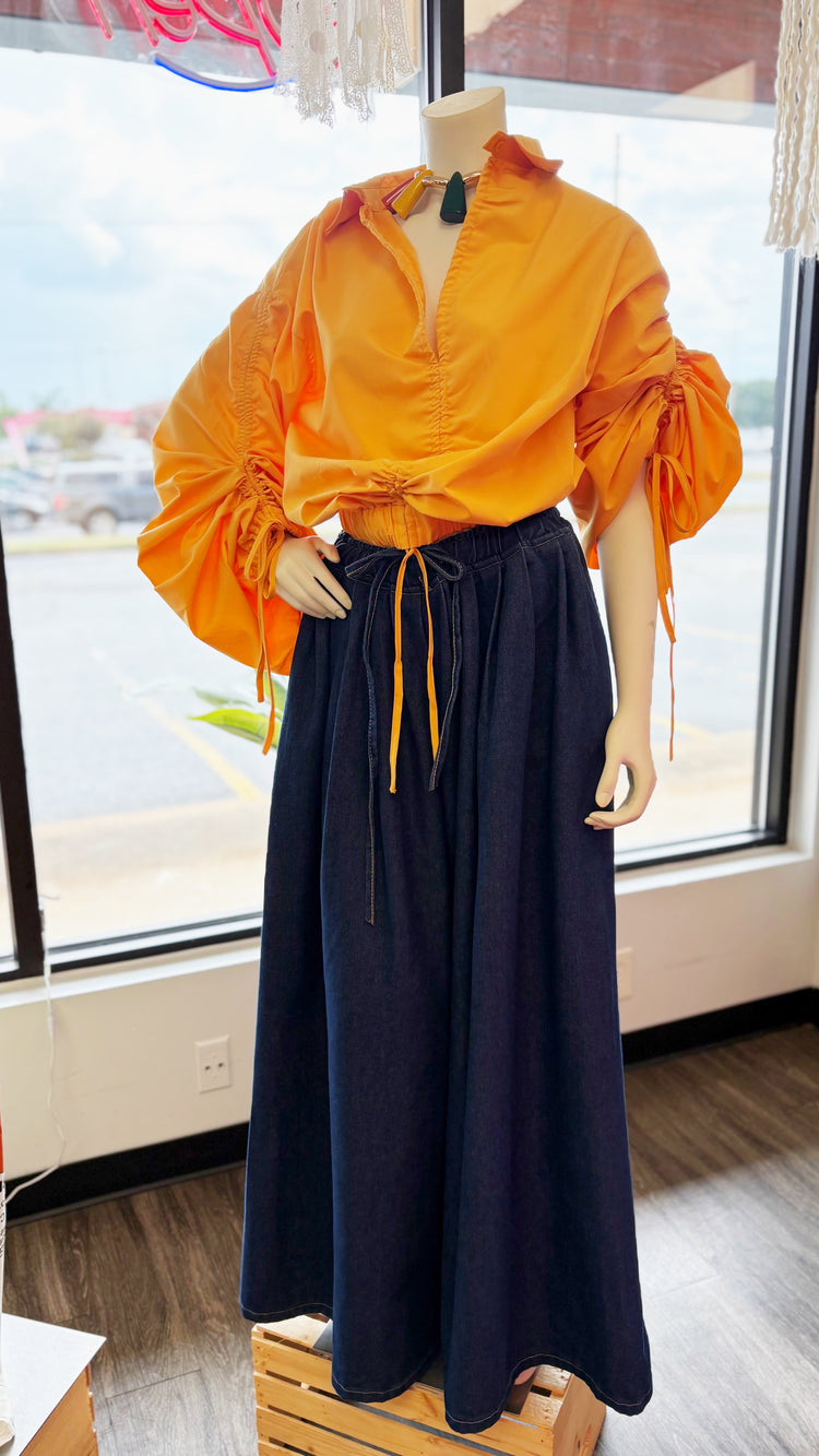 Oversize Drawstring Waist Palazzo Denim Wide Legs Bottoms