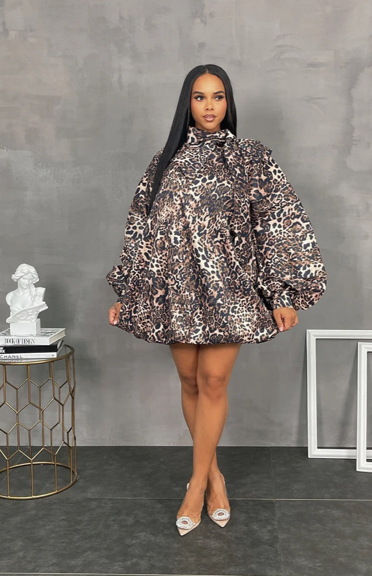 Print Tie Neck Bubble Dress
