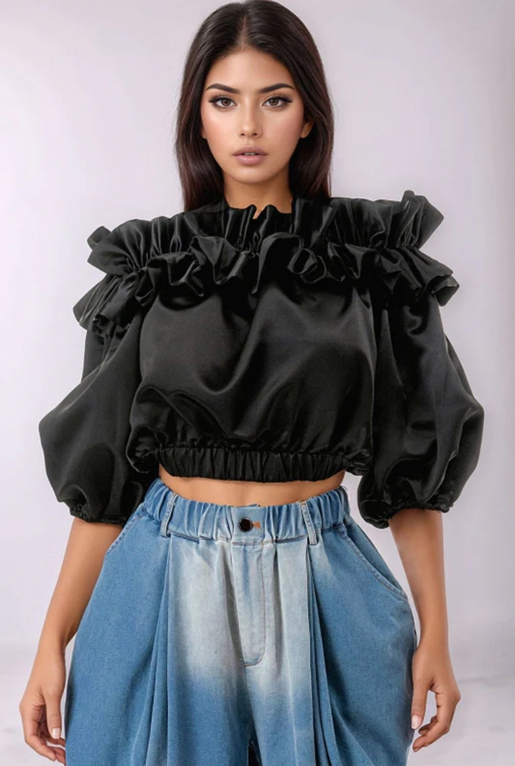 Black Ruffle Neck Top