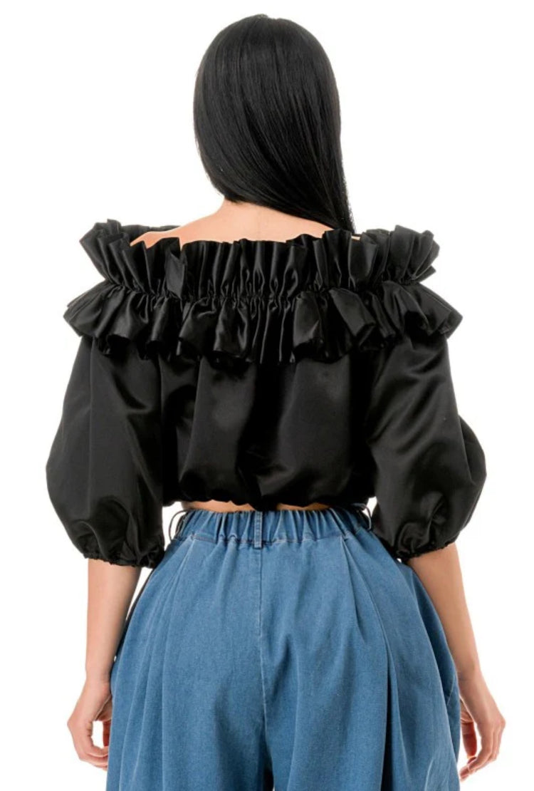 Black Ruffle Neck Top