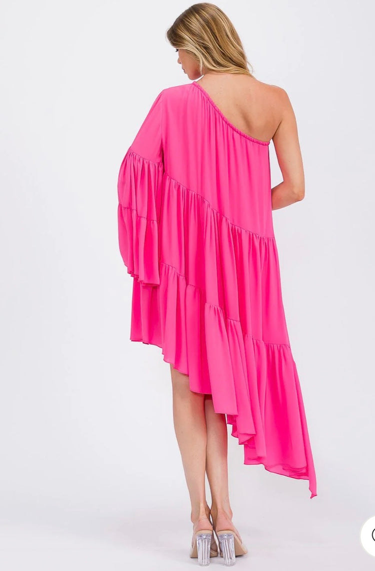 Pink One Shoulder Elastic Band Pocket Dresd