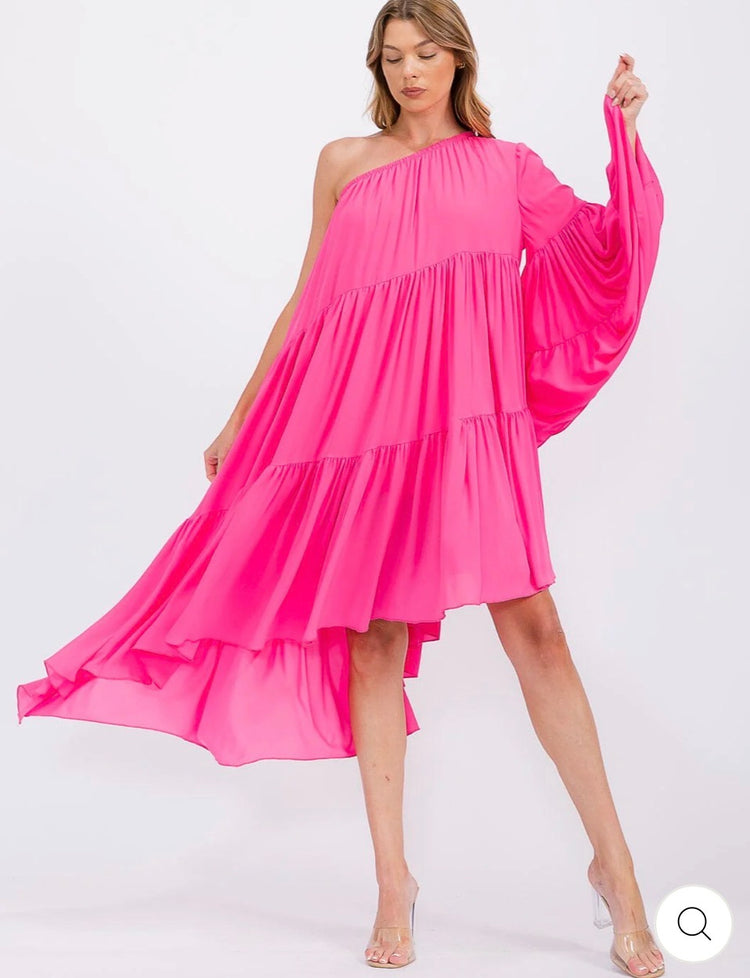Pink One Shoulder Elastic Band Pocket Dresd